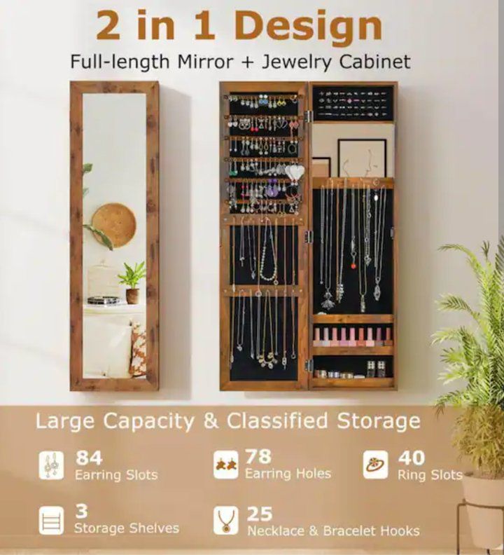 Full-Length Mirror Jewelry Cabinet with Storage and Crystal Knob