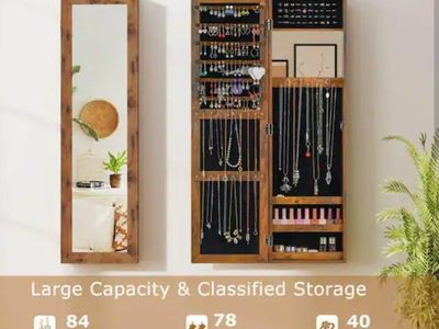 Full-Length Mirror Jewelry Cabinet with Storage and Crystal Knob