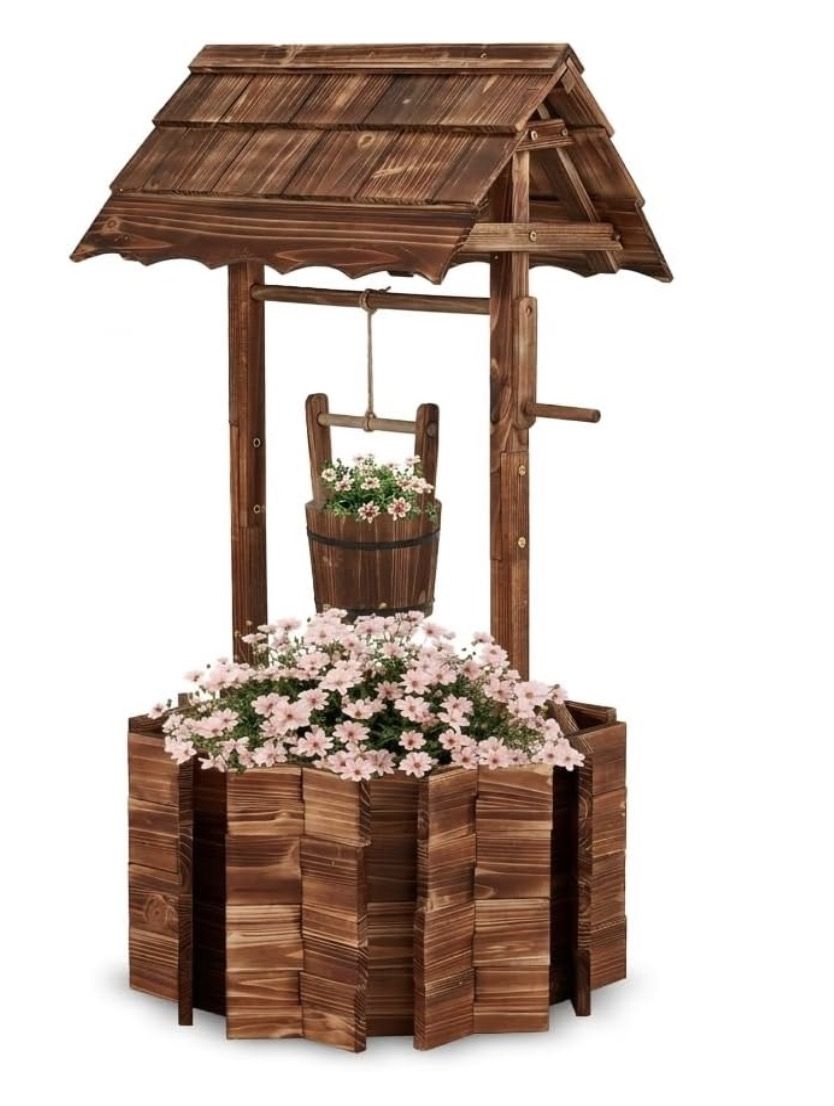 NEW Wooden Wishing Well for Outside, Large Rustic Planter box Hanging Bucket Yard Decor PXXZOT053BN