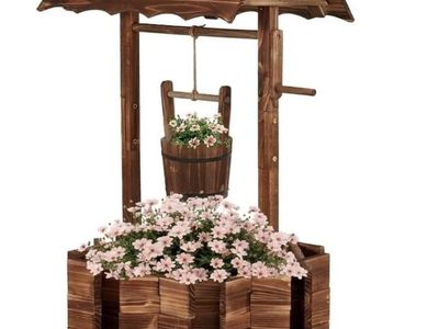 NEW Wooden Wishing Well for Outside, Large Rustic Planter box Hanging Bucket Yard Decor PXXZOT053BN