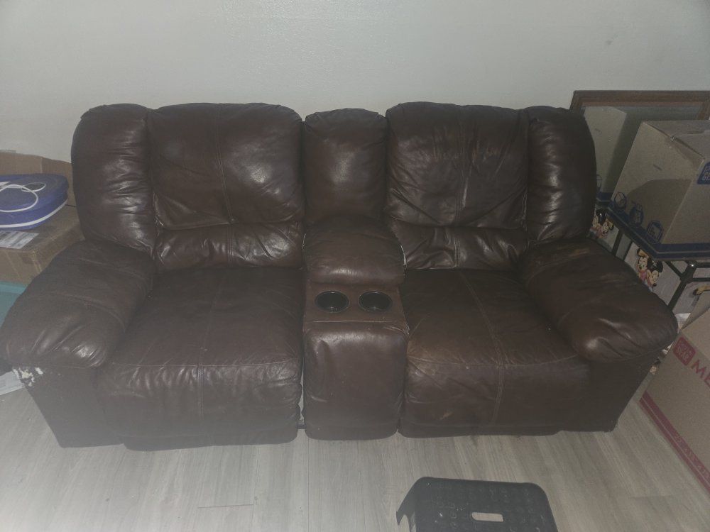 Brown Leather Reclining Loveseat with Console, Cupholders & Storage - Used