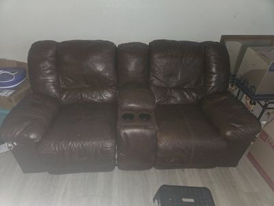 Brown Leather Reclining Loveseat with Console, Cupholders & Storage - Used