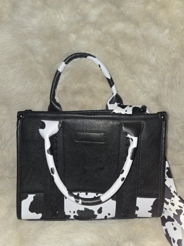 Cute Cow Print Mini Satchel Crossbody Handbag with Scarf
