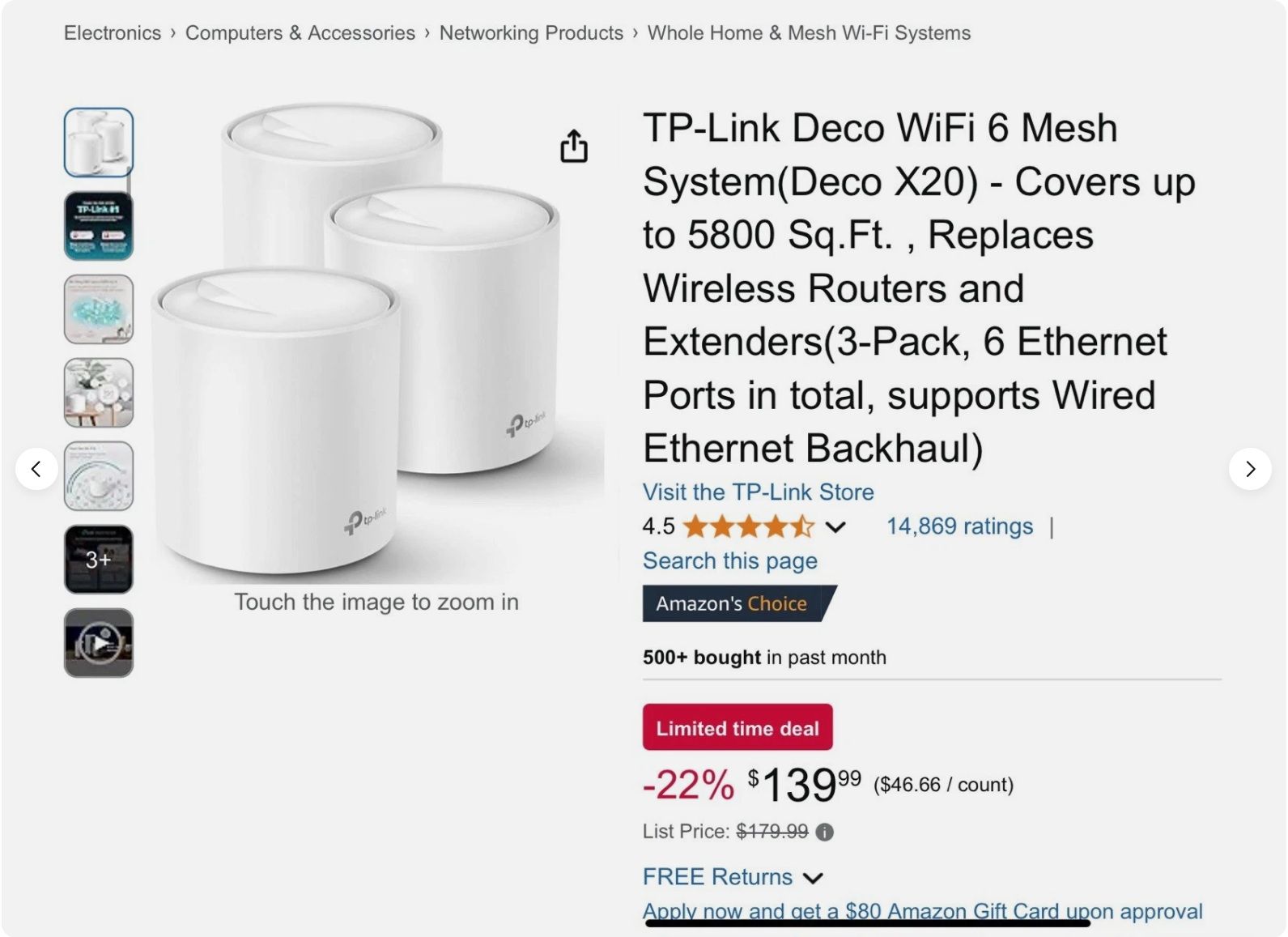 TP-Link Deco X20 (3-pack) 1800 Mbps (covers 5800 Sq. Ft.) Mesh Dual-Band Wi-Fi Router, 2 LAN Ports