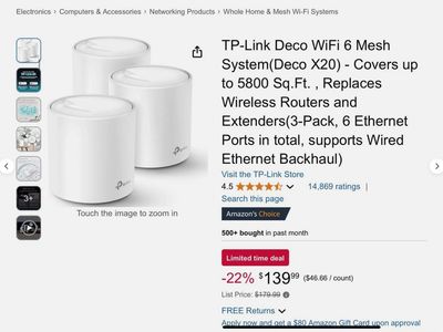 TP-Link Deco X20 (3-pack) 1800 Mbps (covers 5800 Sq. Ft.) Mesh Dual-Band Wi-Fi Router, 2 LAN Ports