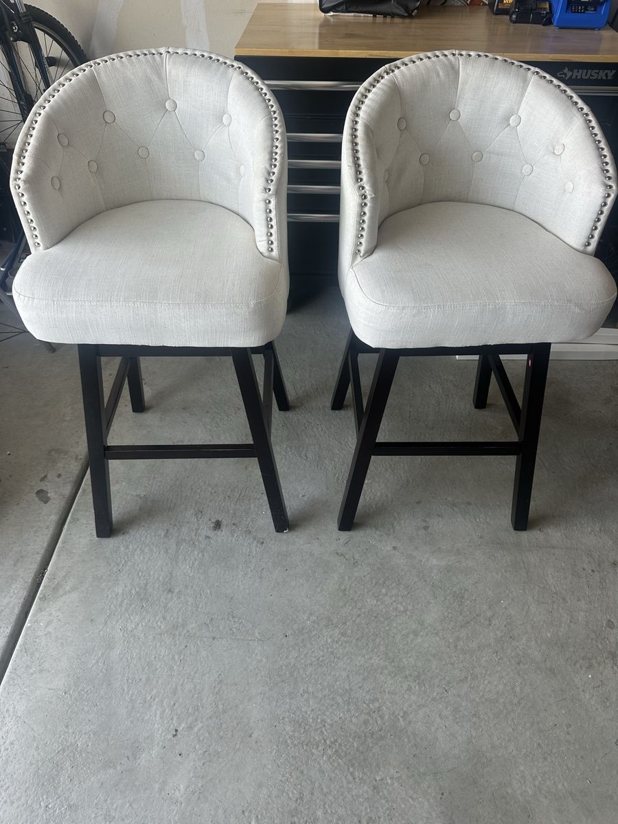 Set of 2 Tufted Swivel Bar Stools, Upholstered Counter Height Chairs, Cream Fabric