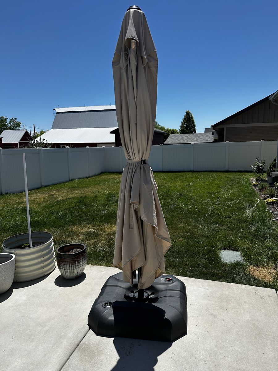 Purple Leaf 10'x13' Cantilever Patio Umbrella w/ Base - Tan/Beige, Excellent Condition