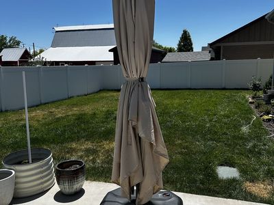 Purple Leaf 10'x13' Cantilever Patio Umbrella w/ Base - Tan/Beige, Excellent Condition