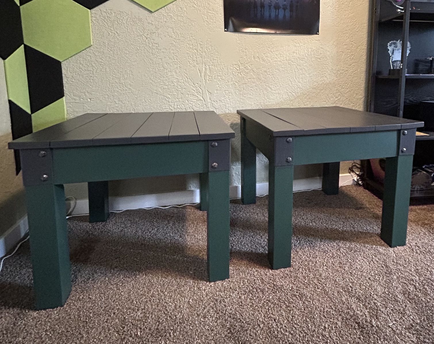 Refinished pair of industrial style, two tone, wood end tables.