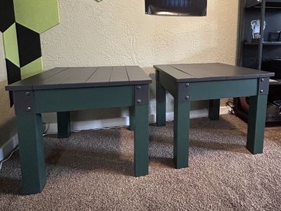Refinished pair of industrial style, two tone, wood end tables.