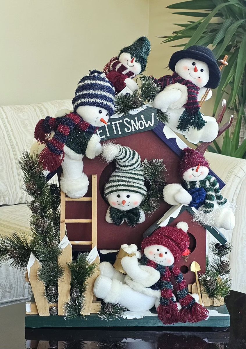 Decorative Snowman Birdhouse Holiday Tabletop Display with Multiple Snowmen Figures 25"×18"W