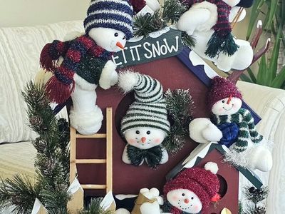 Decorative Snowman Birdhouse Holiday Tabletop Display with Multiple Snowmen Figures 25"×18"W