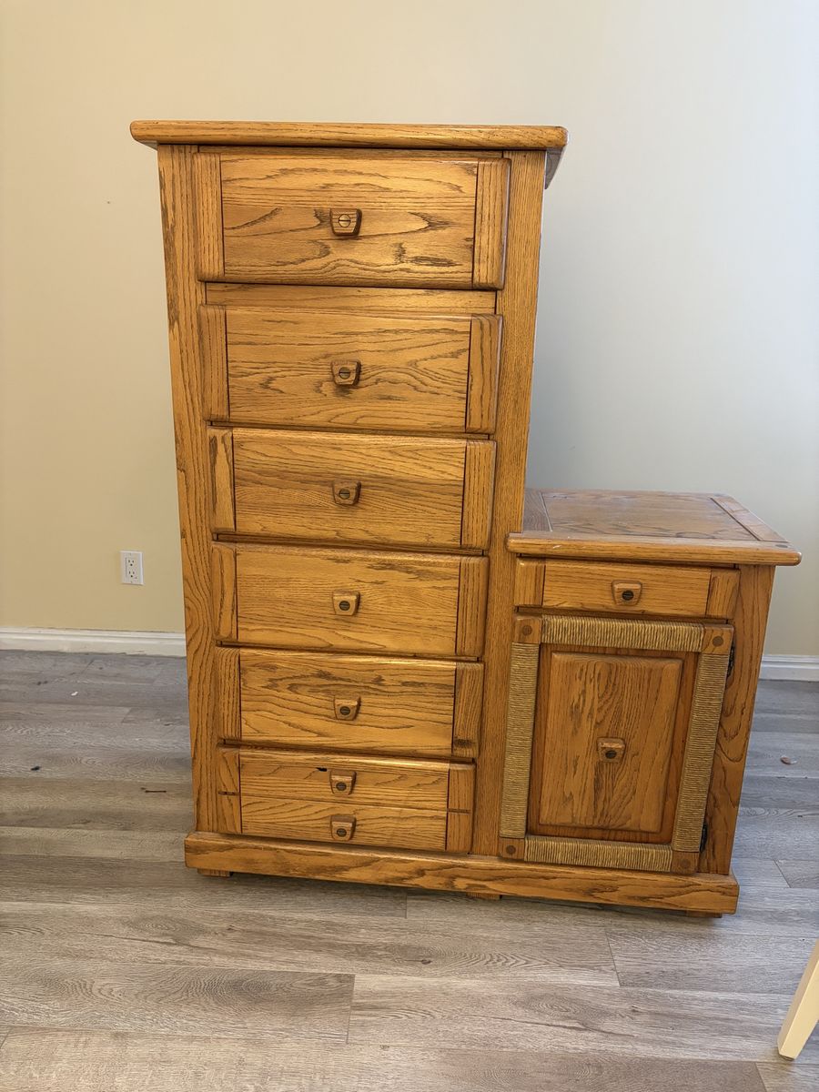 Oak Asymmetrical Combo Dresser with Multiple Drawers and Cabinet