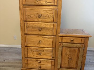 Oak Asymmetrical Combo Dresser with Multiple Drawers and Cabinet