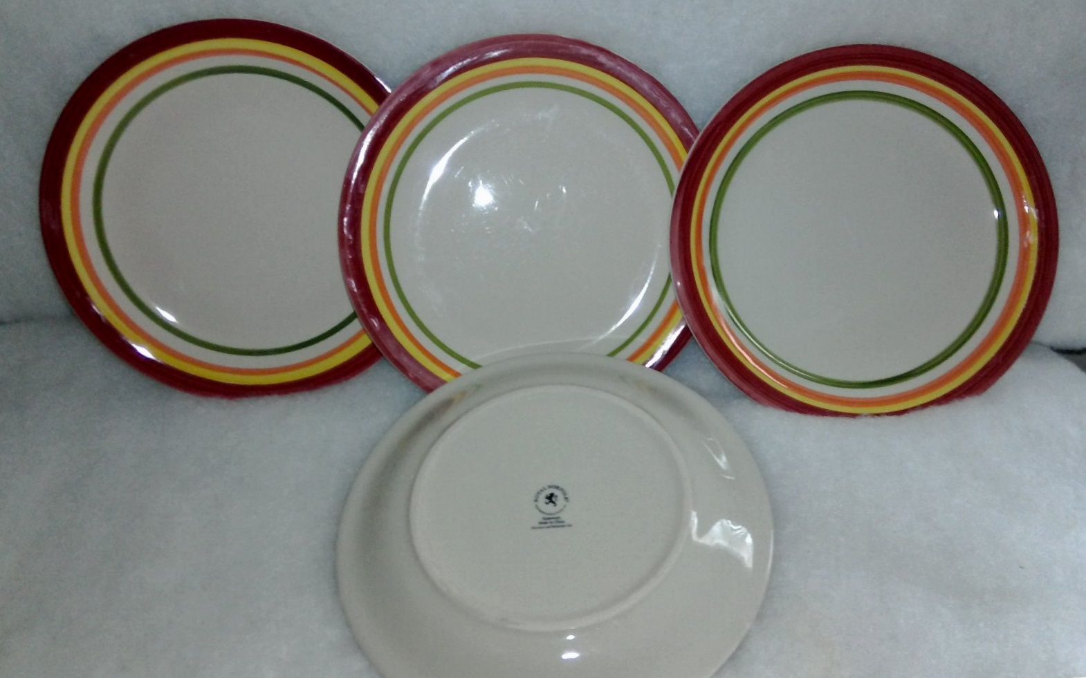 Set of 4 ROYAL NORFOLK Orange RED Green Yellow Bands Dinner Plates 10 1/2"