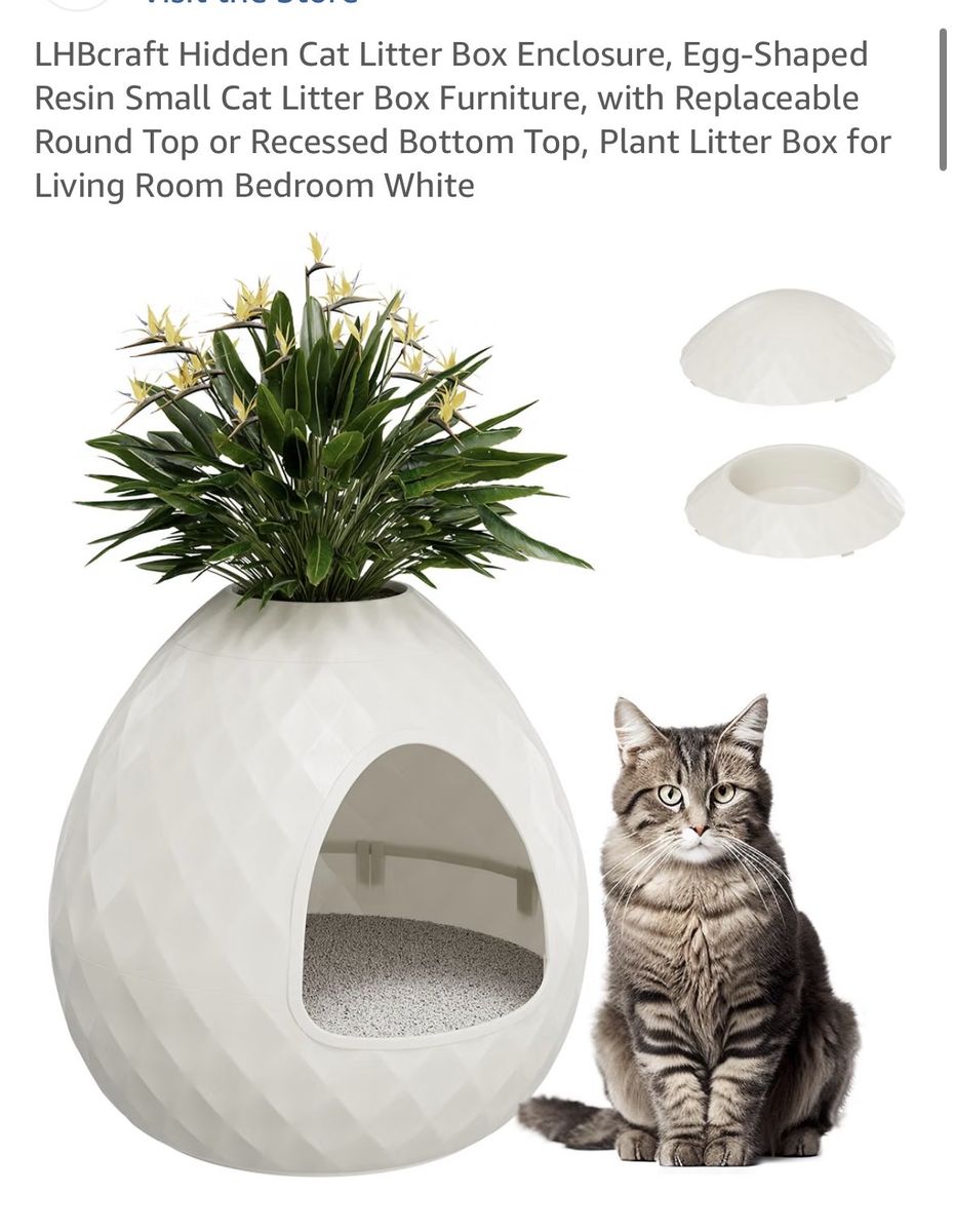 LHBcraft Egg-Shaped Resin Hidden Cat Litter Box Enclosure, White, Small/Medium Cat Furniture