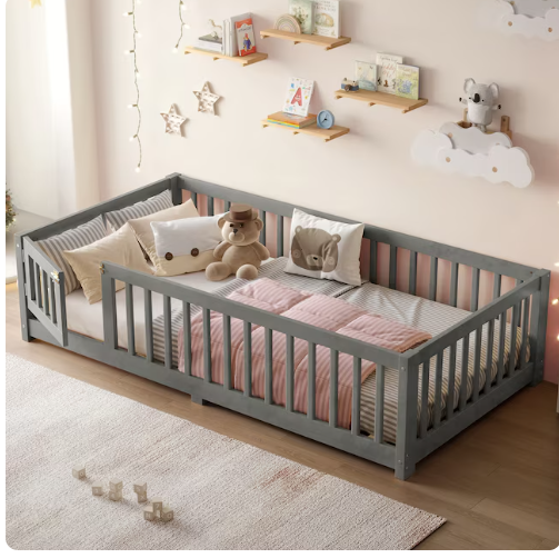 Bellemave Twin Size Floor Bed with Safety Guardrails and Door for Kids Wood Grain Gray