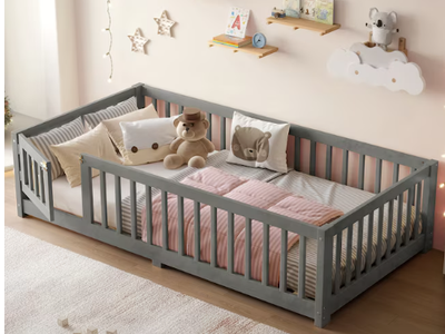 Bellemave Twin Size Floor Bed with Safety Guardrails and Door for Kids Wood Grain Gray