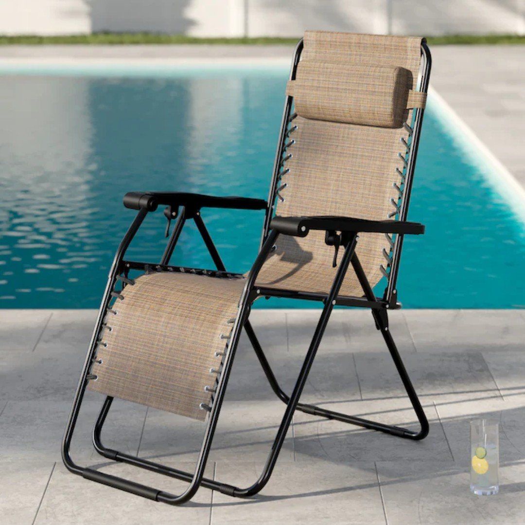 Outdoor Adjustable Zero Gravity Lounge Chair with Headrest - Tan/Black, Foldable Patio Recliner