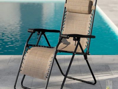 Outdoor Adjustable Zero Gravity Lounge Chair with Headrest - Tan/Black, Foldable Patio Recliner