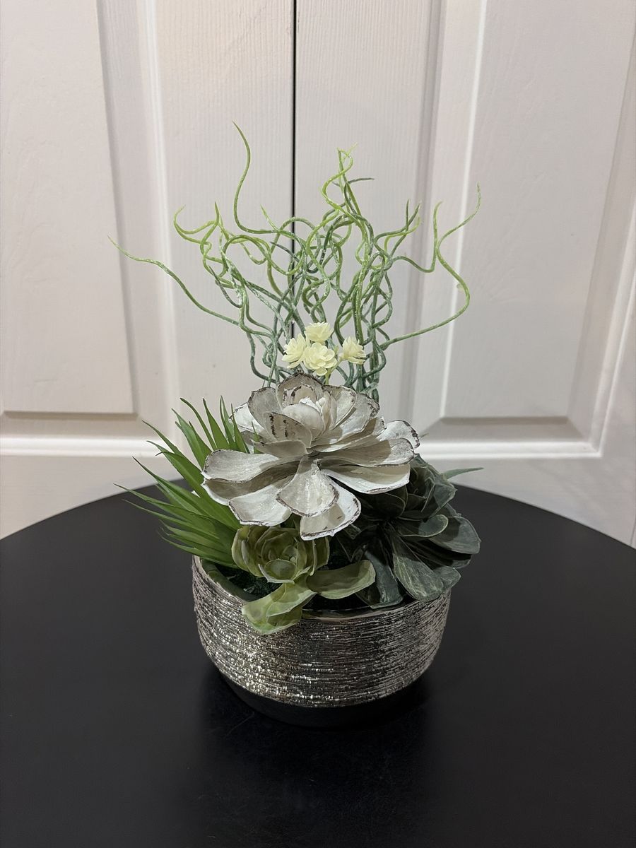 Fancy Decorative Faux Succulent Arrangement with Silver Glitter Pot - Home Decor Accent