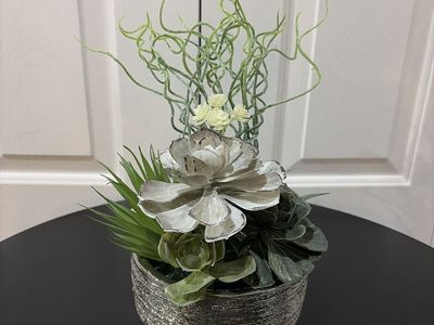 Fancy Decorative Faux Succulent Arrangement with Silver Glitter Pot - Home Decor Accent