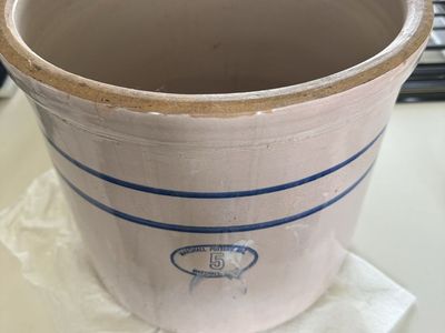 VINTAGE Marshall Pottery Inc. 5 Gallon Stoneware Crock with Blue Stripe $40