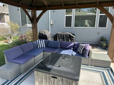 Blue Wicker Patio Sectional Sofa with Cushions & Striped Pillows - Good Condition
