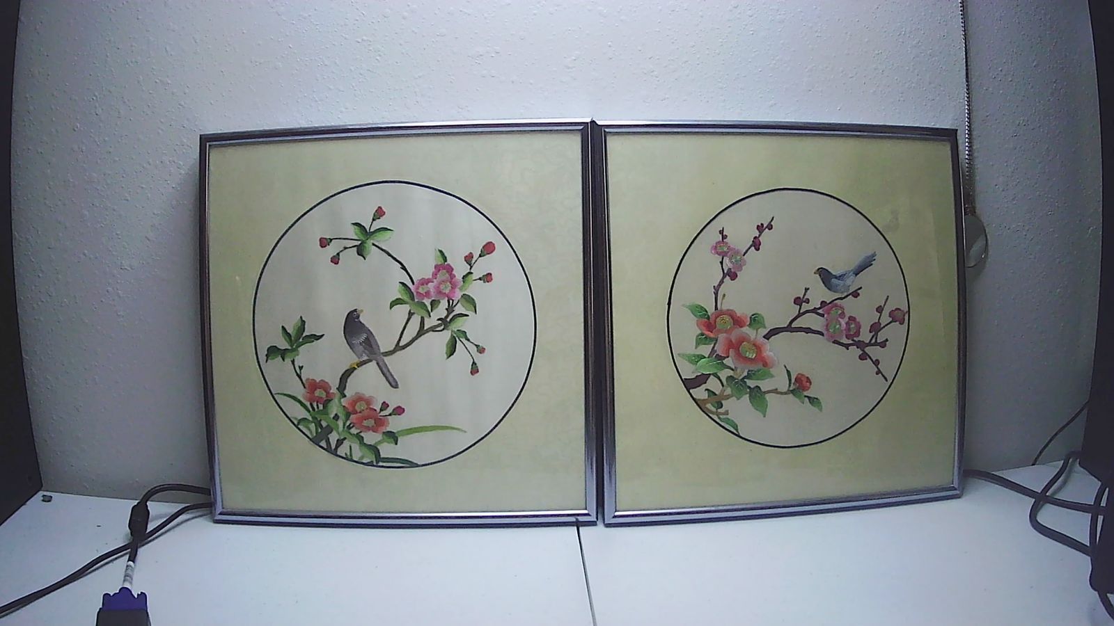 Two Vtg Chinese Suzhou Silk Embroidery Bird & Plum Blossom Framed Silk Art 12x12