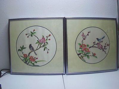 Two Vtg Chinese Suzhou Silk Embroidery Bird & Plum Blossom Framed Silk Art 12x12