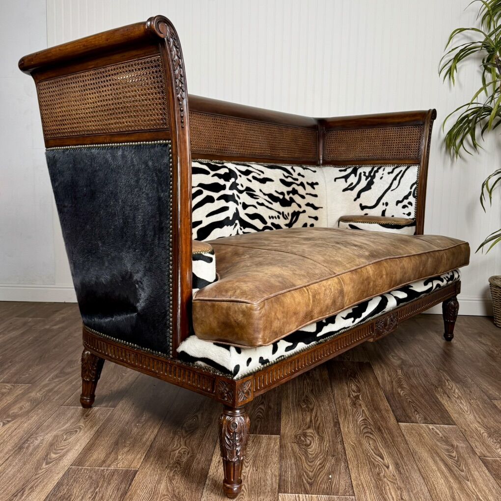 Maitland-Smith Leather & Rattan High-Back Settee