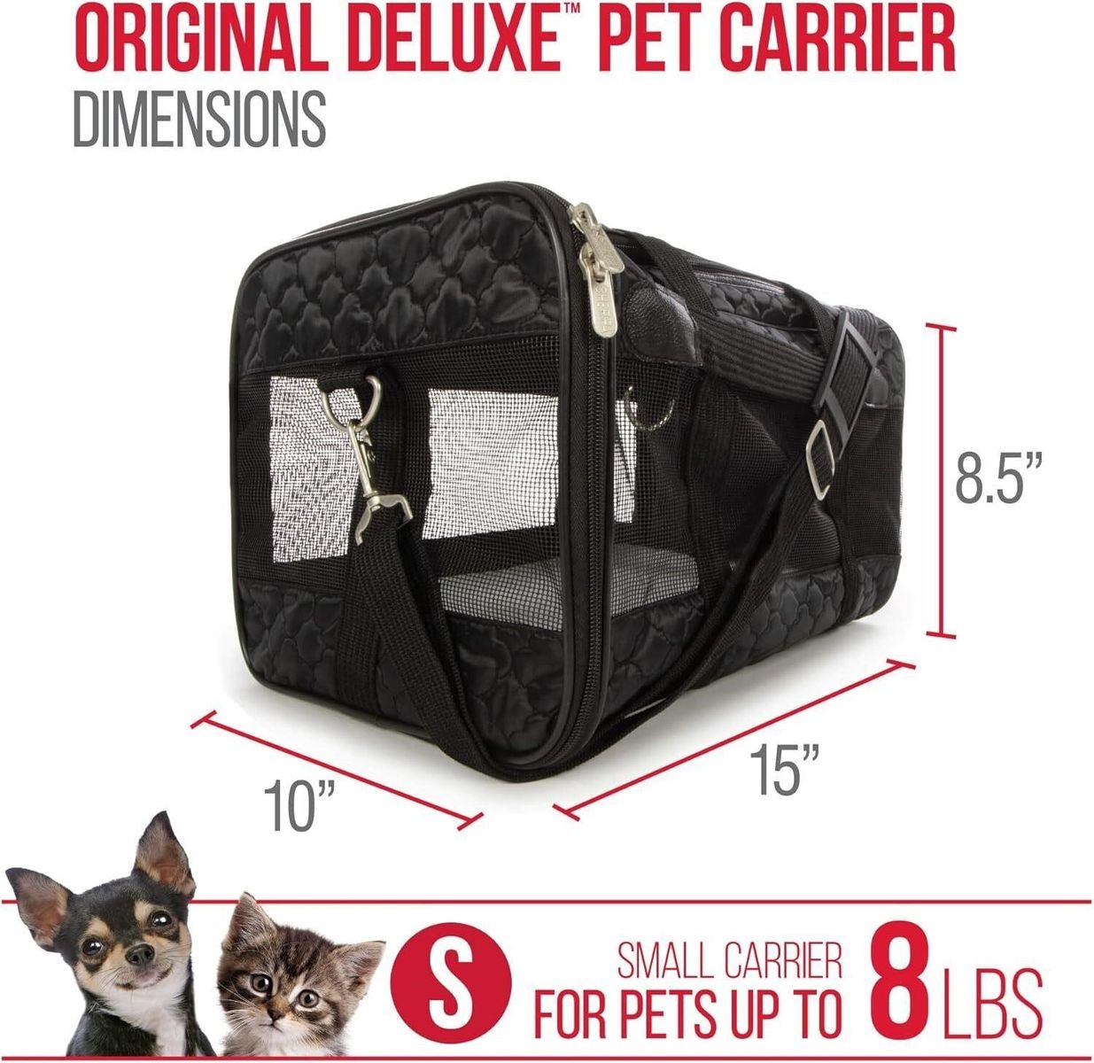 Original Deluxe Small Pet Carrier - Black Quilted, 15"x10"x8.5", for Pets Up to 8 lbs