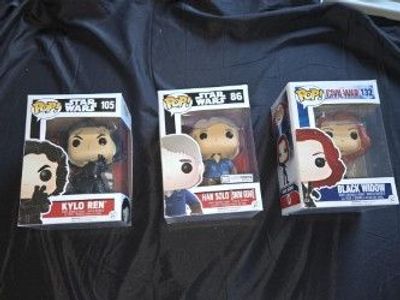 Funko Pops - Black Widow , Kylo Ren and Han Solo - $15 Each