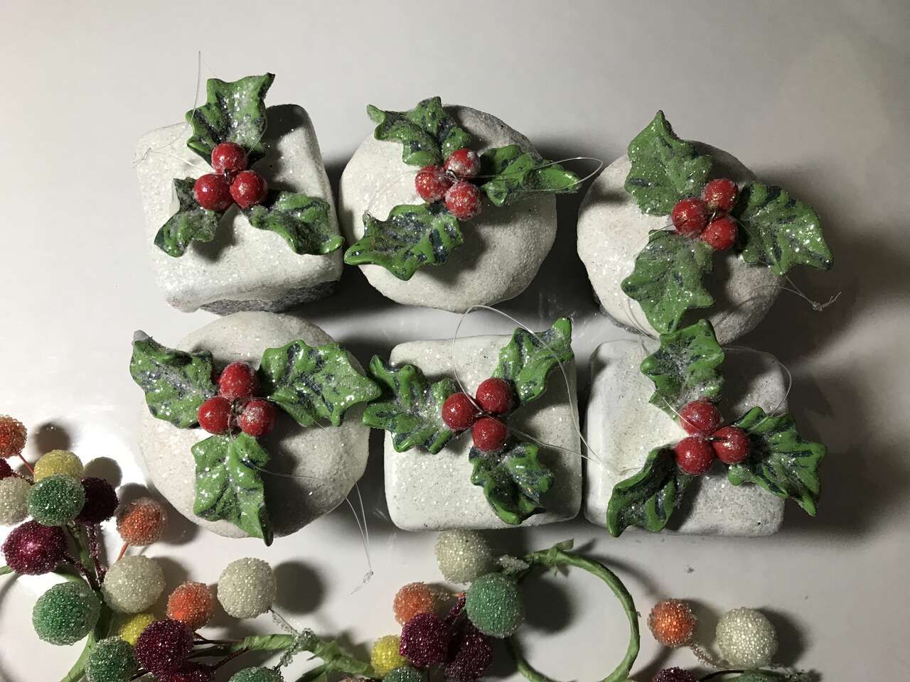 Cupcake Chocolate Christmas Tree Ornaments and Berry Sprigs, Used