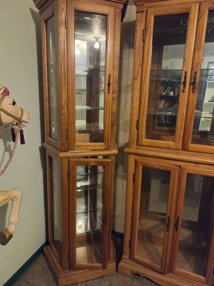 Vintage Oak Wood Glass Display Curio Cabinets with Interior Lighting