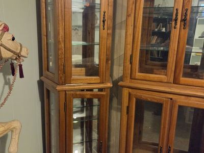 Vintage Oak Wood Glass Display Curio Cabinets with Interior Lighting