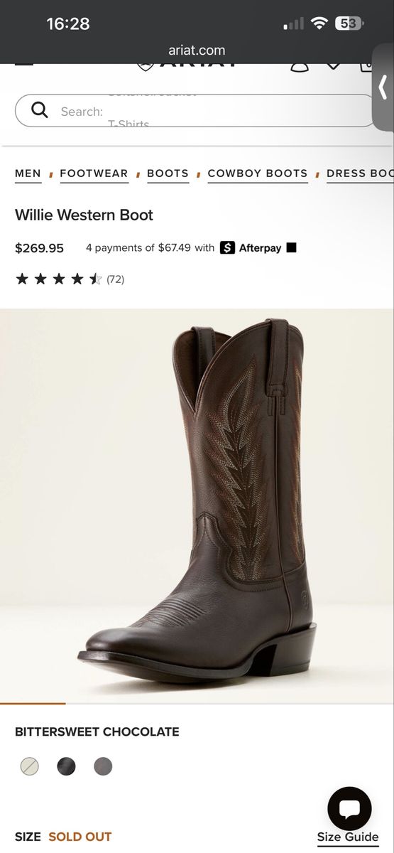Ariat Willie Western Boot Bittersweet Chocolate Men's Size 9.5 D New