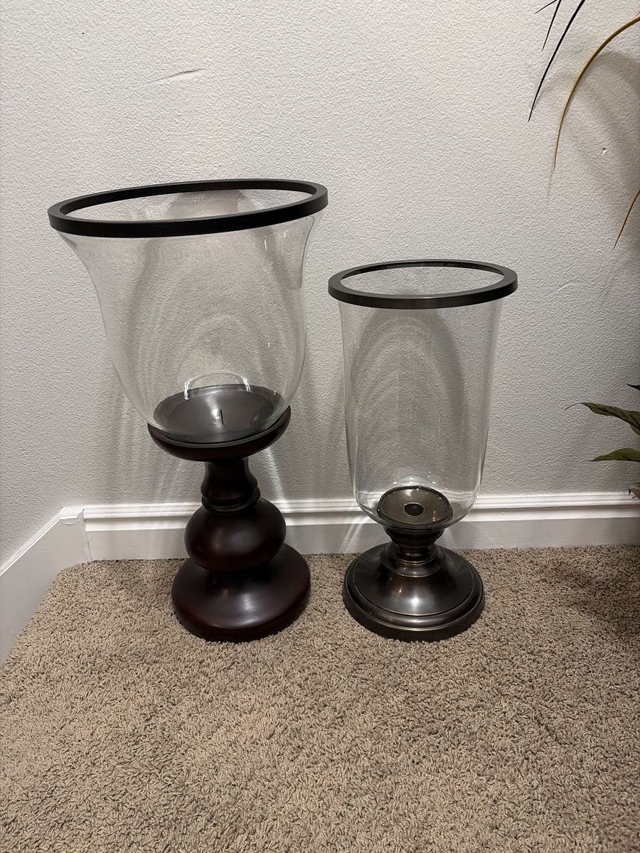 Set of 2 Large Hurricane Candle Holders: Large Metal Base, Small Metal Base