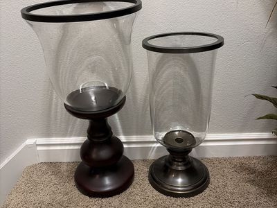 Set of 2 Large Hurricane Candle Holders: Large Metal Base, Small Metal Base