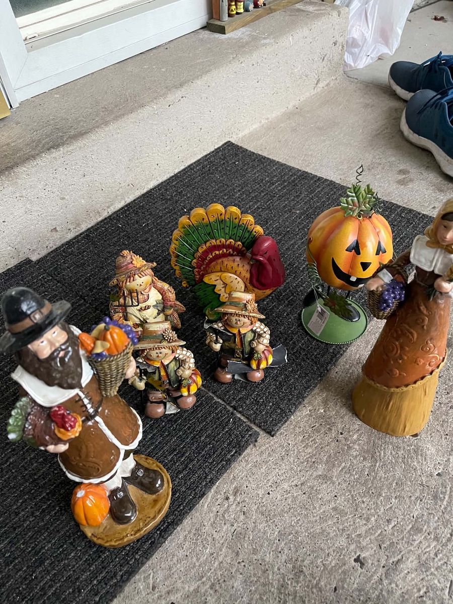 Fall & Thanksgiving Figurines Lot - Pilgrim, Scarecrows, Turkey & Pumpkin