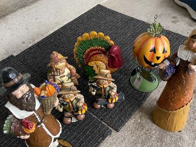 Fall & Thanksgiving Figurines Lot - Pilgrim, Scarecrows, Turkey & Pumpkin