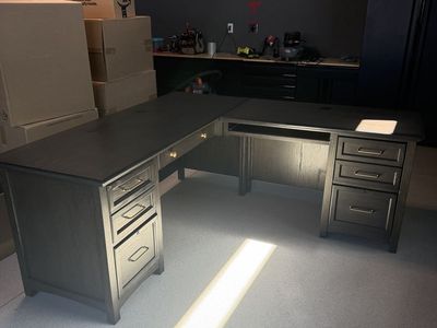 Large L-Shaped Office Desk with Built-in Drawers - Dark Wood Finish