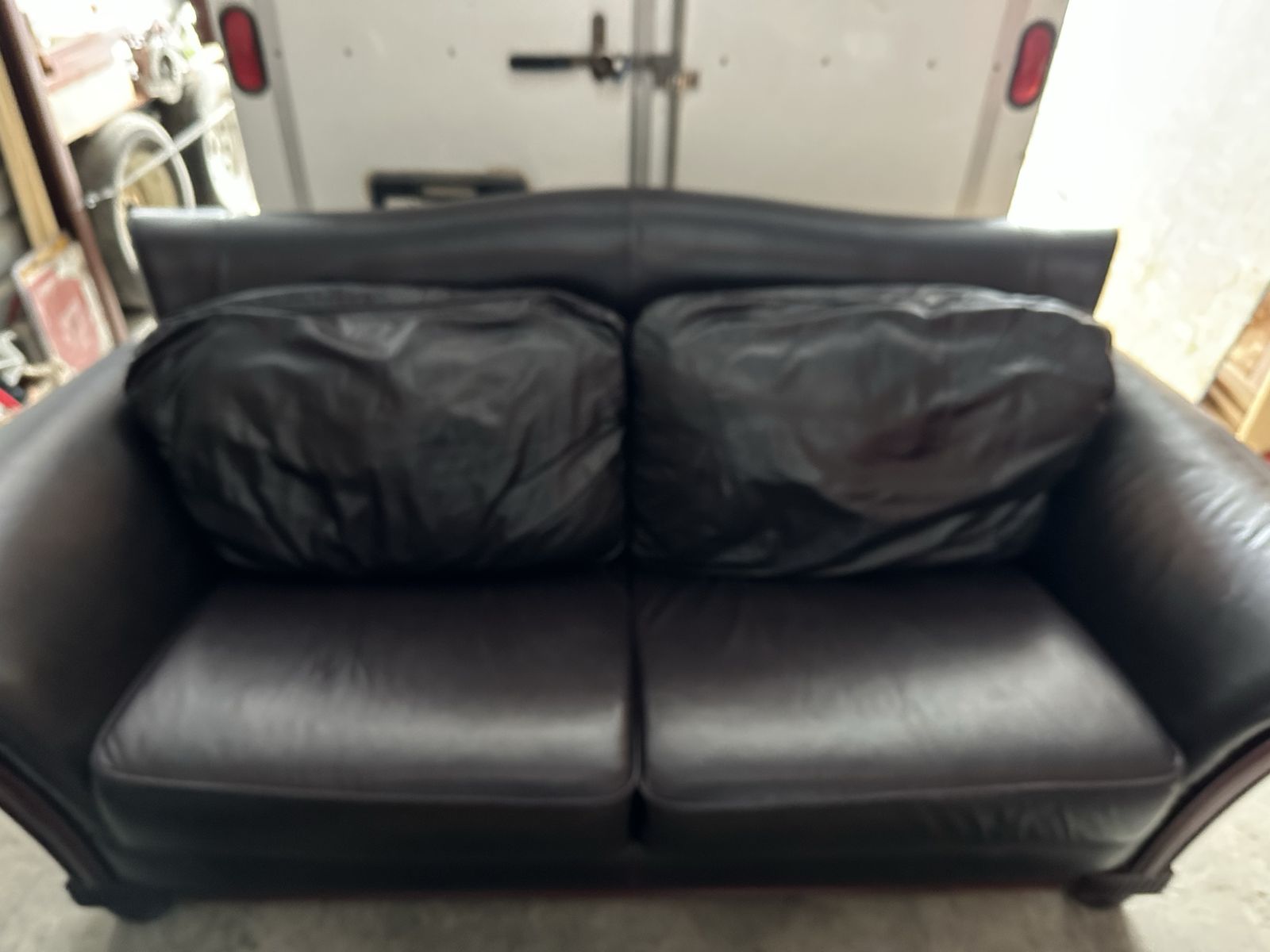 Dark Brown Leather Loveseat with Plump Back Cushions