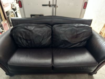 Dark Brown Leather Loveseat with Plump Back Cushions