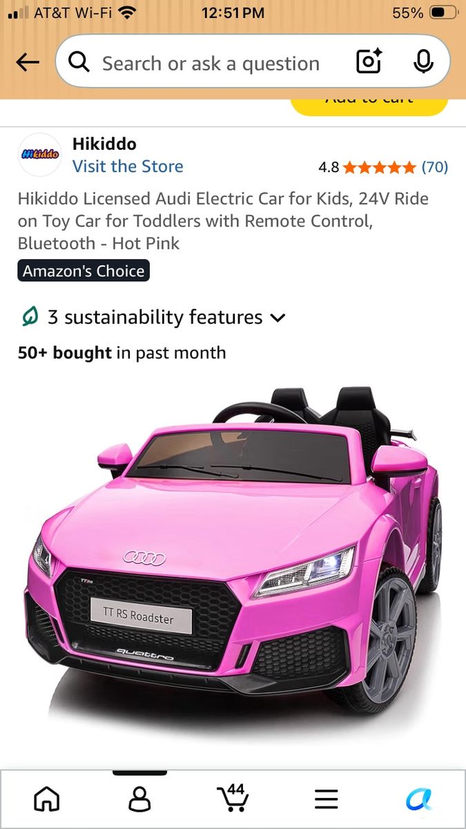 Hikiddo Licensed Audi TT RS 24V Hot Pink Electric Ride-On Car for Toddlers w/ Remote Control, Bluetooth