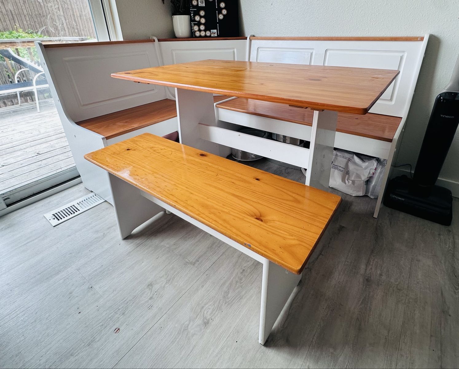 Space-Saving Corner Breakfast Nook Dining Set - White & Wood, 60.5" x 48.18" L-Shape Bench, Table, Bench