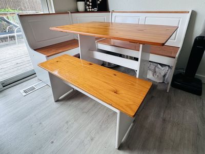 Space-Saving Corner Breakfast Nook Dining Set - White & Wood, 60.5" x 48.18" L-Shape Bench, Table, Bench