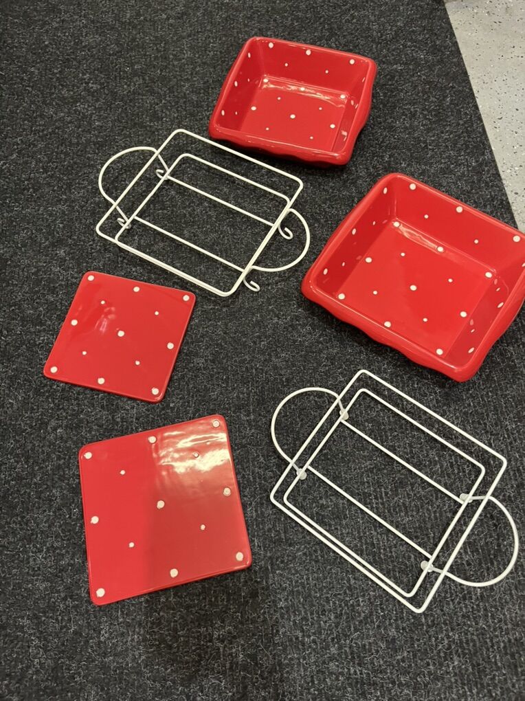 Set of polka dot serving dishes with holders