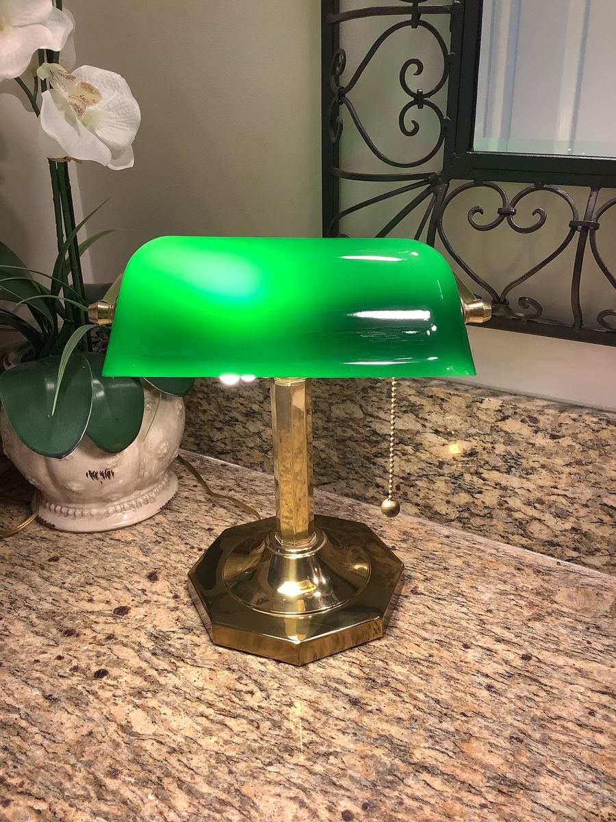 Vintage Bankers Lamp Green Glass Shade Brass Base Desk Table Light