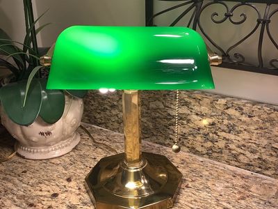 Vintage Bankers Lamp Green Glass Shade Brass Base Desk Table Light